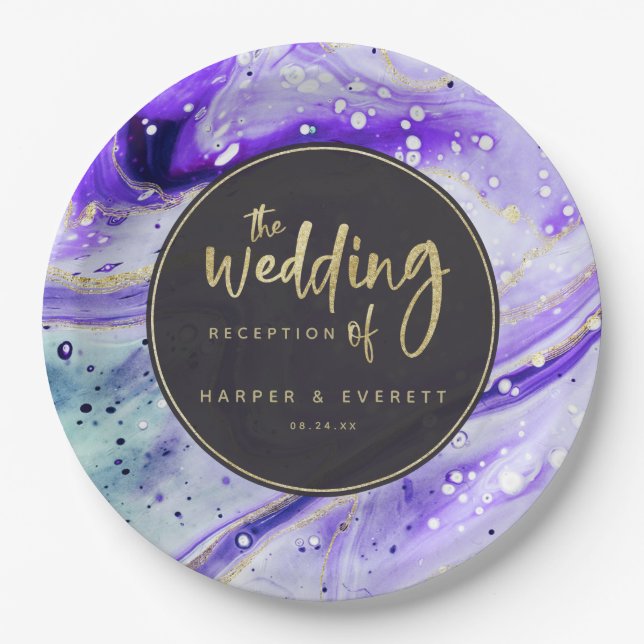 Inky Splash Purple Marble with Gold Luxe Wedding Paper Plates (Front)