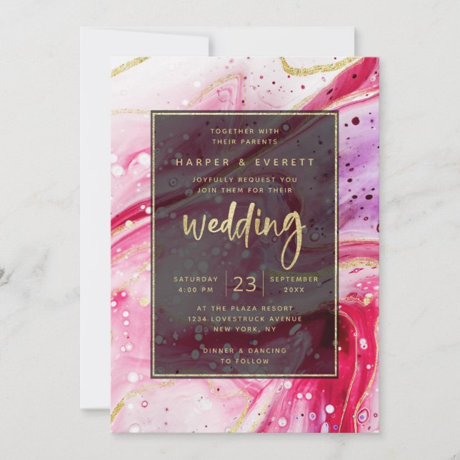 Inky Splash Red Marble with Gold foil Wedding Invitation (Front)