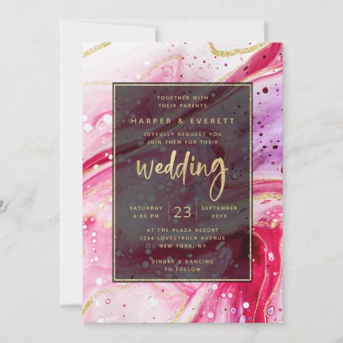 Inky Splash Red Marble with Gold foil Wedding Invitation