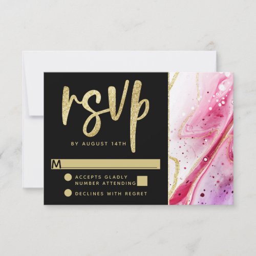 Inky Splash Red Marble with Gold foil Wedding RSVP Card