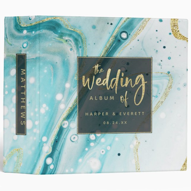 Inky Splash Teal Marble Gold Wedding Photo Album 3 Ring Binder (Front/Spine)