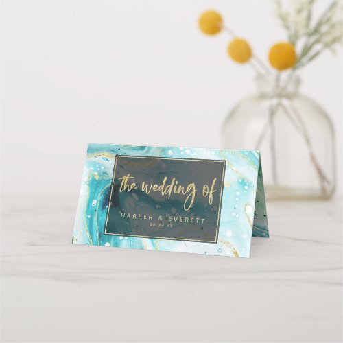 Inky Splash Teal Marble Gold Wedding Table Number Place Card