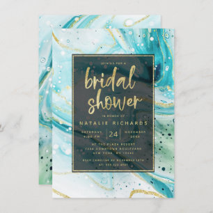 Inky Splash Teal Marble with Gold Bridal Shower Invitation