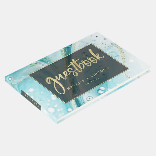 Inky Splash Teal Marble with Gold foil Wedding Guest Book
