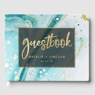 Inky Splash Teal Marble with Gold foil Wedding Guest Book