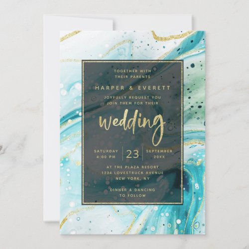Inky Splash Teal Marble with Gold foil Wedding Invitation