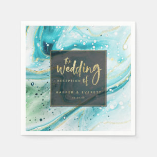 Inky Splash Teal Marble with Gold foil Wedding Napkins