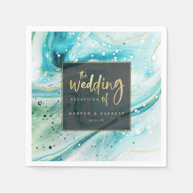 Inky Splash Teal Marble with Gold foil Wedding Napkins (Front)