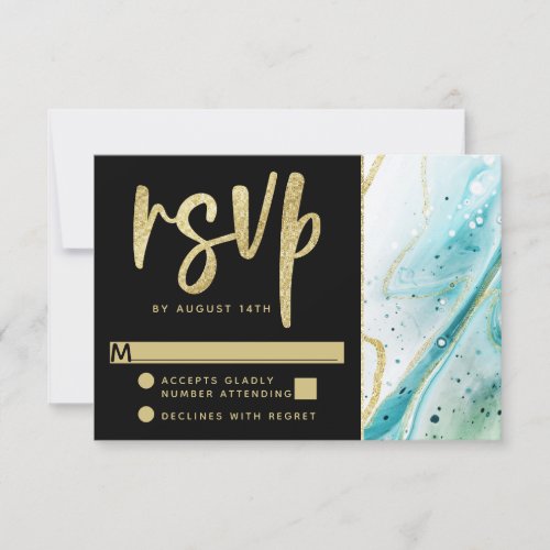 Inky Splash Teal Marble with Gold foil Wedding RSVP Card