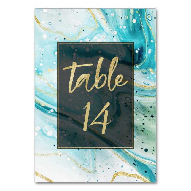 Inky Splash Teal Marble with Gold foil Wedding Table Number (Front)
