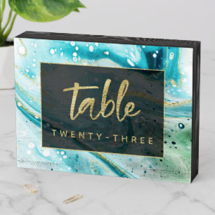 Inky Splash Teal Marble with Gold Table Number Wooden Box Sign