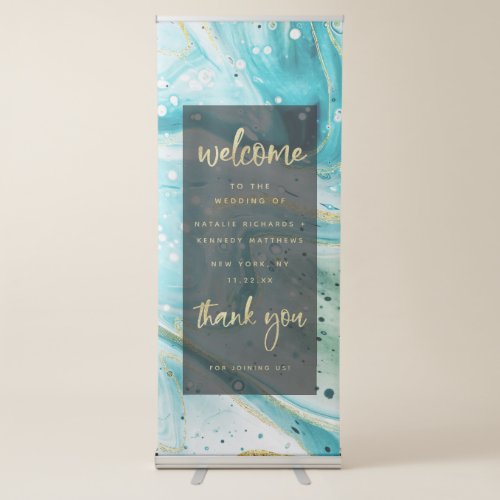 Inky Splash Teal Marble with Gold Wedding Welcome Retractable Banner