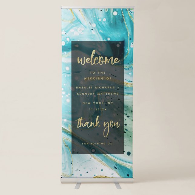 Inky Splash Teal Marble with Gold Wedding Welcome Retractable Banner (Front)