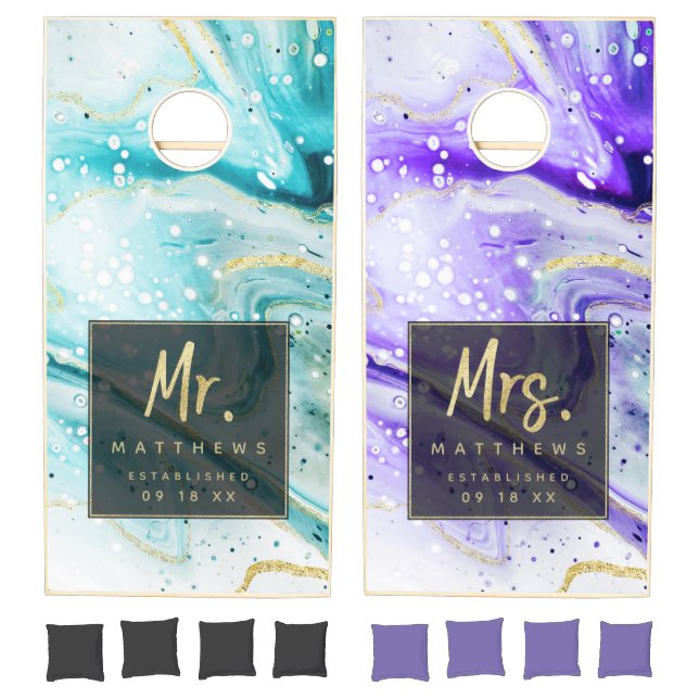 Inky Splash Teal Purple Marble Wedding Mr. & Mrs. Cornhole Set (Set)