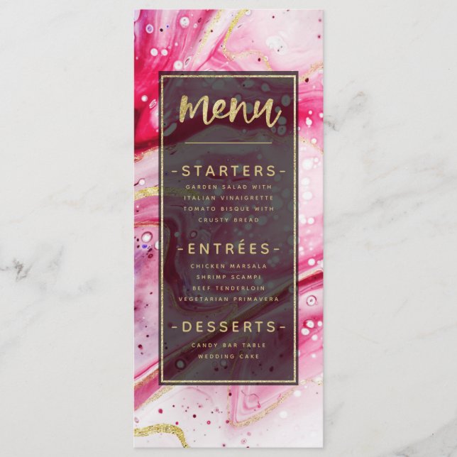 Inky Splash Wine Red Marble with Gold foil Dinner Menu (Front)