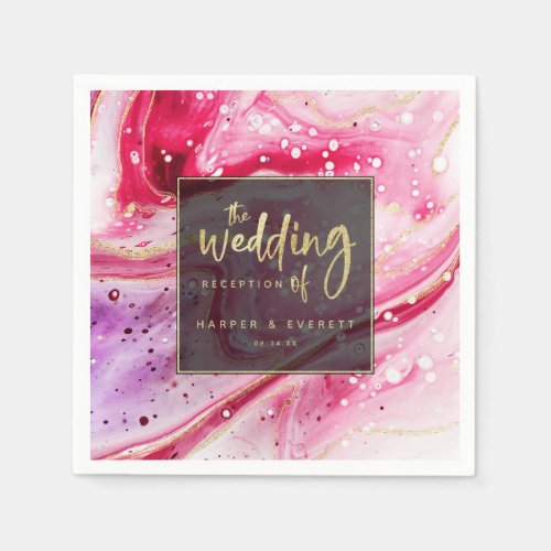 Inky Splash Wine Red Marble with Gold foil Wedding Napkins