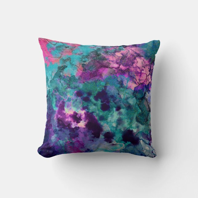 Inky Watercolor Abstract Cosmic Color Painting Throw Pillow (Front)