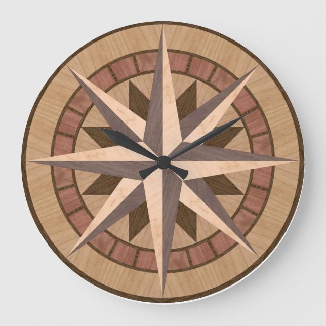 Inlaid wood mariners compass design large clock (Front)