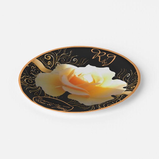 Inner Glow Elegant Yellow and Gold Rose Paper Plates (Angled)
