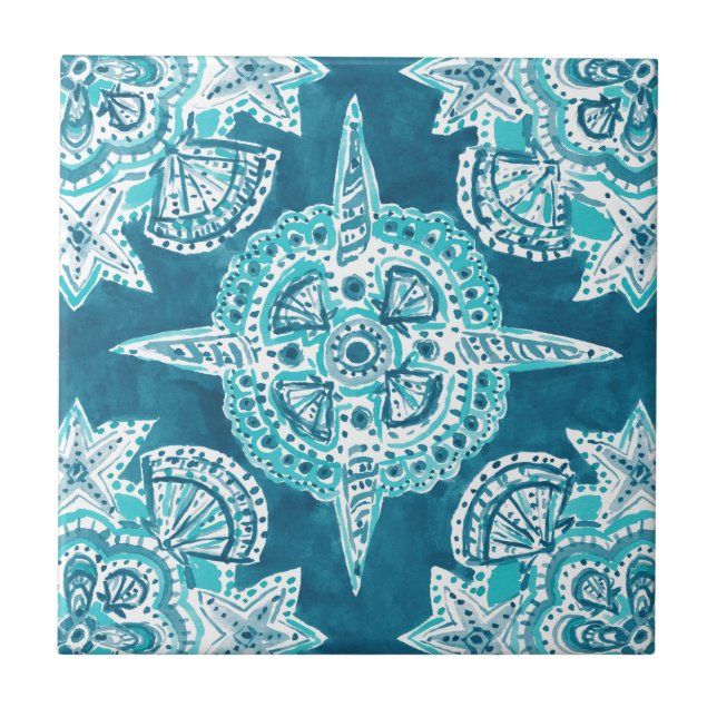 INNER MERMAID COMPASS Aqua Beach Shell Moroccan Tile (Front)