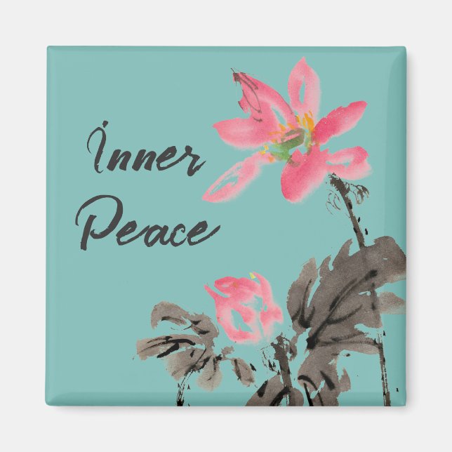 Inner Peace Positive Quote Watercolor Floral Lotus Magnet (Front)