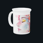Inner Radiance  Beverage Pitcher<br><div class="desc">An intimate depiction of contentment,  painted with bold yet fluid strokes of sunlit yellow,  vibrant red,  and rich orange. The unexpected inclusion of a cool blue accent deepens the warmth,  revealing the gentle glow of happiness emanating from within.</div>
