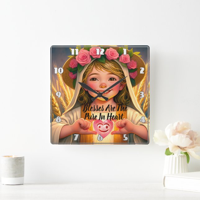 Innocence Captured: Little Girl Tenderly Holding H Square Wall Clock (Home)