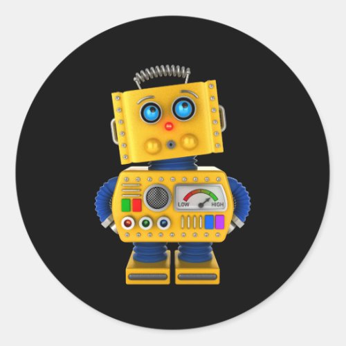 Innocent looking toy robot classic round sticker