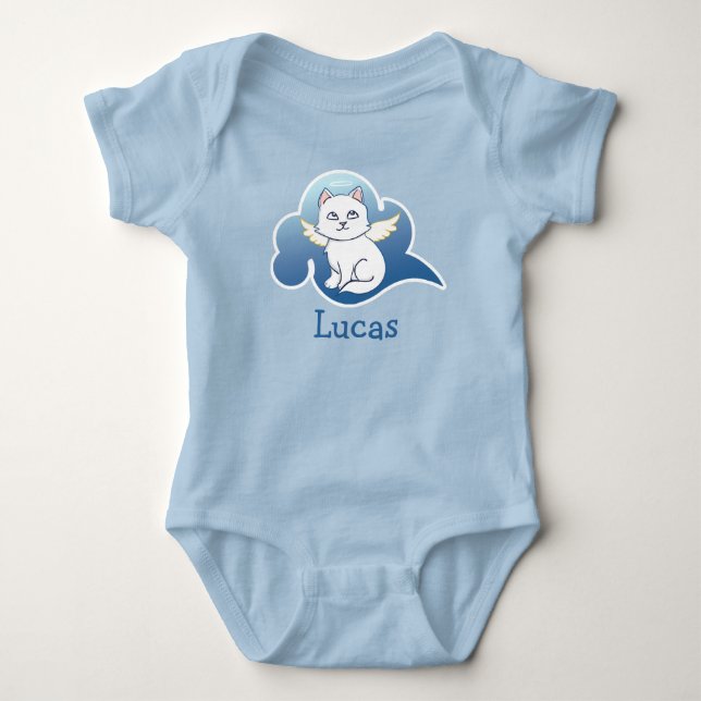 Innocent White Winged Angel Cat Illustration Baby Baby Bodysuit (Front)