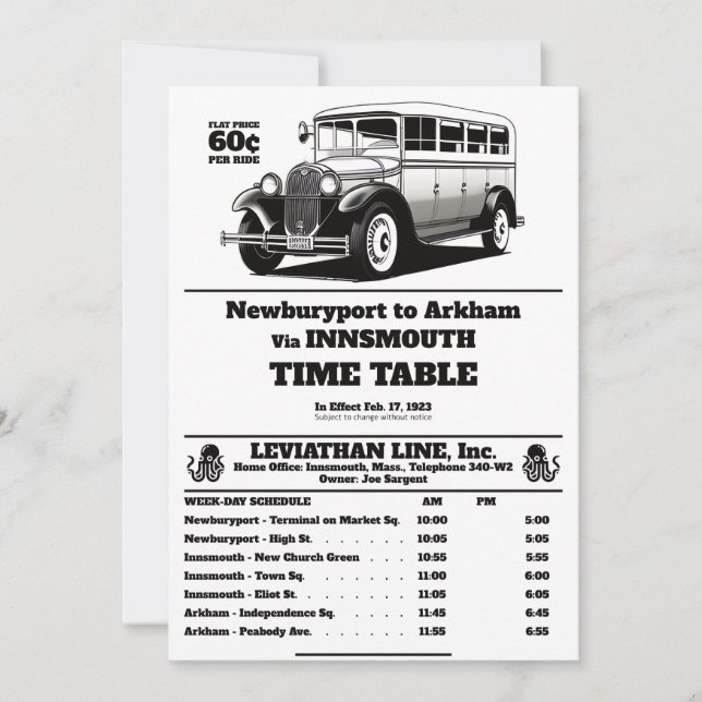 Innsmouth Bus Schedule Joe Sargent Invitation (Front)