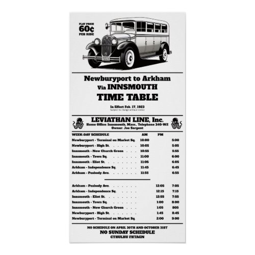 Innsmouth Bus Schedule Joe Sargent Poster