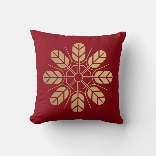 Inoue clan kamon in brushed faux gold on red throw pillow (Front)