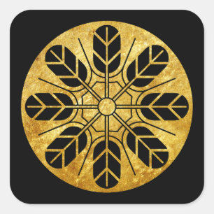 Inoue clan kamon in faux gold on black square sticker