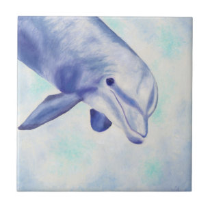 Dolphin Ceramic Tile Accent set 2 of 4.25 Blue Dolphins Fish Kiln fired Decor #2 