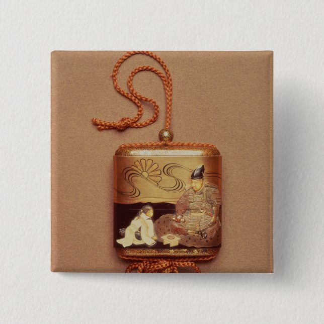 Inro showing a servant kneeling before a button (Front)