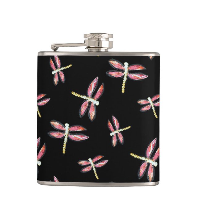Insect Art Dancing Pink Dragonfly Flask (Front)