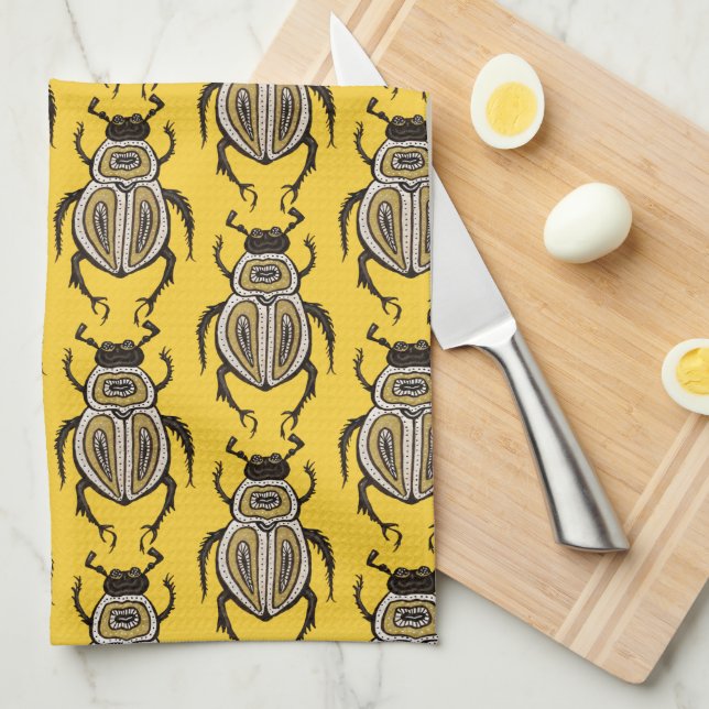 Insect Lover Yellow Decorative Beetle Art Kitchen Towel (Quarter Fold)