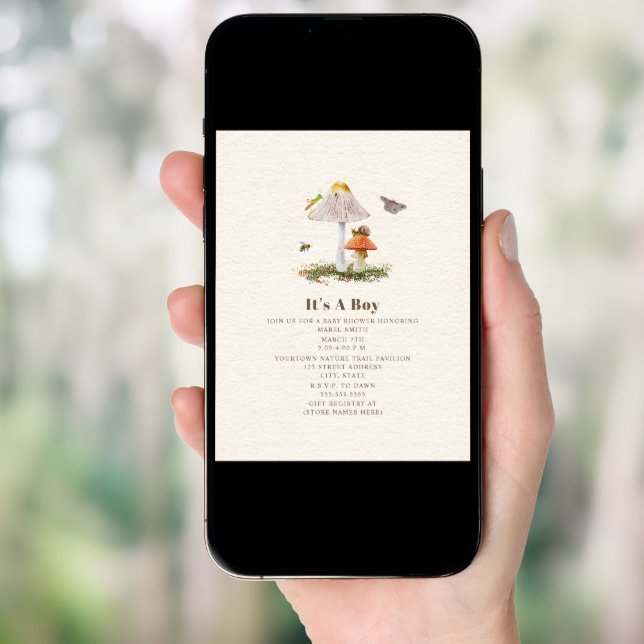 Insects Mushroom Woodland Nature Boy Baby Shower Invitation (Front Digital)