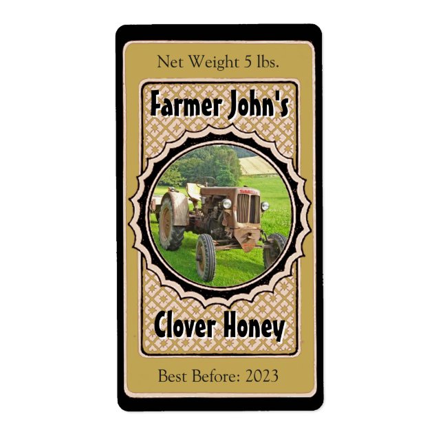 Insert a Picture Black & Gold Wedding Honey Jar Label (Front)