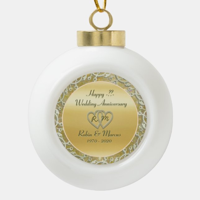 Insert Anniversary / Wedding Info Ceramic Ball Christmas Ornament (Front)