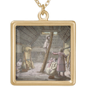 Inside a house in Alaska (colour engraving) Gold Plated Necklace
