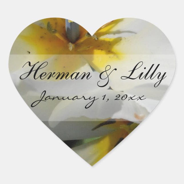 Inside White Lilies Personalized Wedding Heart Sticker (Front)