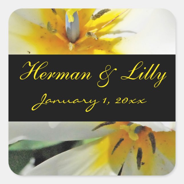 Inside White Lilies Personalized Wedding Square Sticker (Front)
