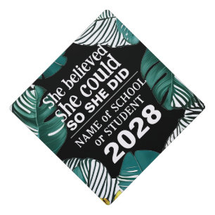 Inspiration Black and White Tropical Jungle Leaves Graduation Cap Topper