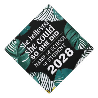 Inspiration Black and White Tropical Jungle Leaves Graduation Cap Topper
