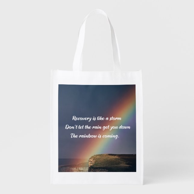 Inspirational Addiction Recovery Rainbow Sobriety Grocery Bag (Front)