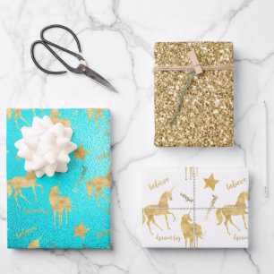Inspirational Aqua Gold Unicorns Stars    Wrapping Paper Sheets