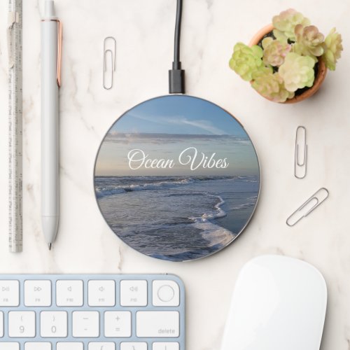 Inspirational beach White Letter Ocean Vibes Wireless Charger