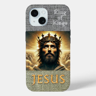 Inspirational  Bible Grey Hessian Jesus King Gold iPhone 15 Case