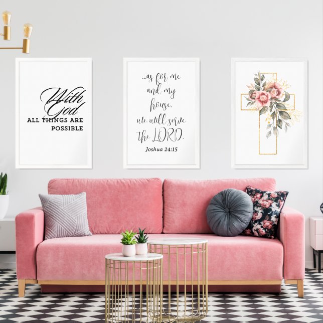 Inspirational Bible Quotes Gold Floral Cross  Wall Art Sets (Livingroom)